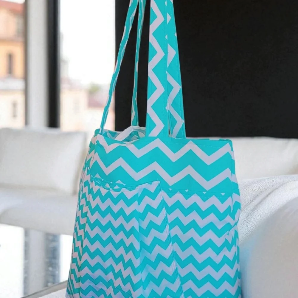 Blue and White Chevron Tote Bag with Wide Straps